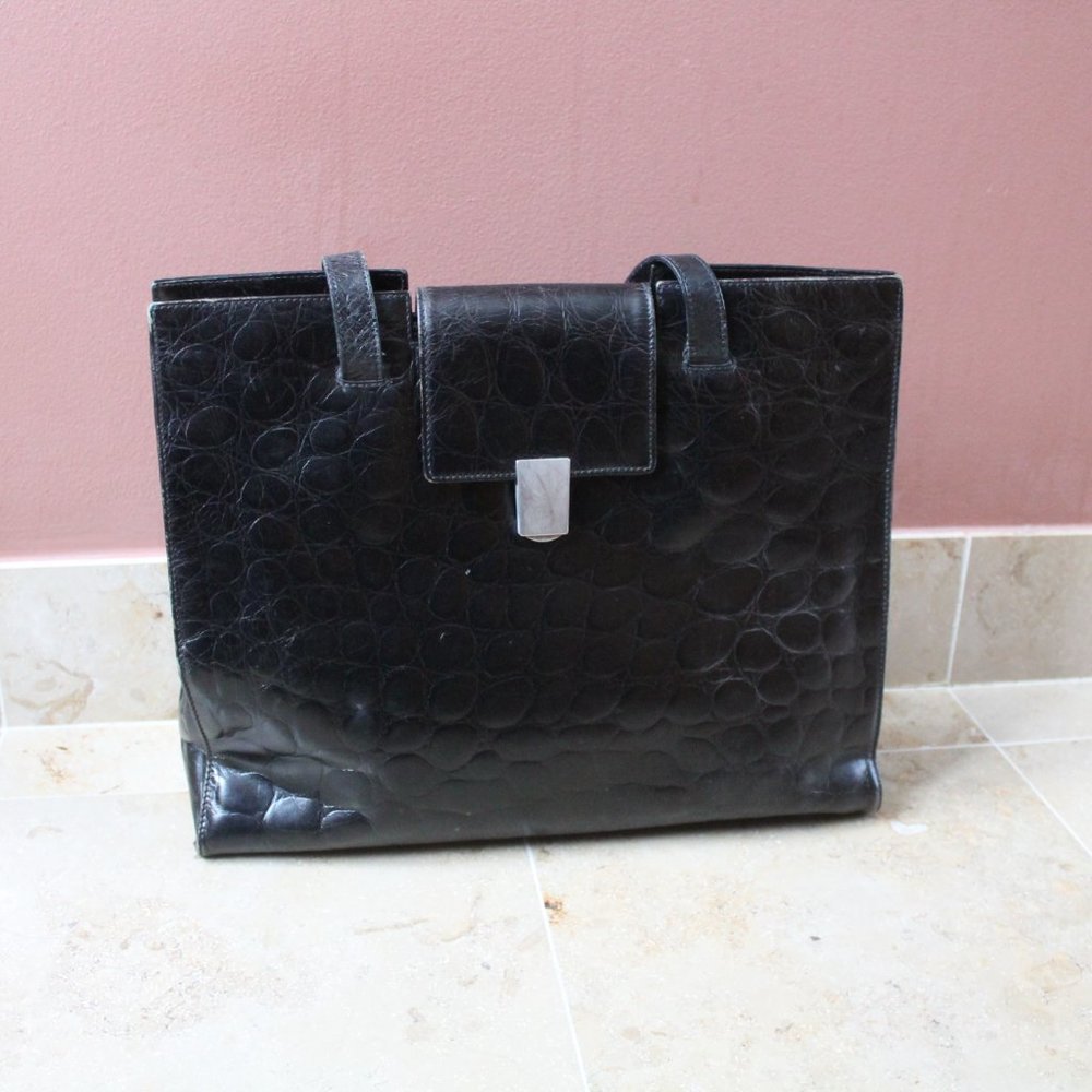 Vintage 80s Aleda Firenze Italian Black Leather Handbag Briefcase Pebbled